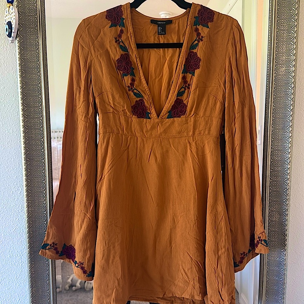 Embroidered Mustard Dress with Floral Details